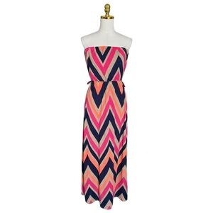Stella Tweed Stretch Multicolor Chevron Strapless Flowy Maxi Dress Women’s Sz L